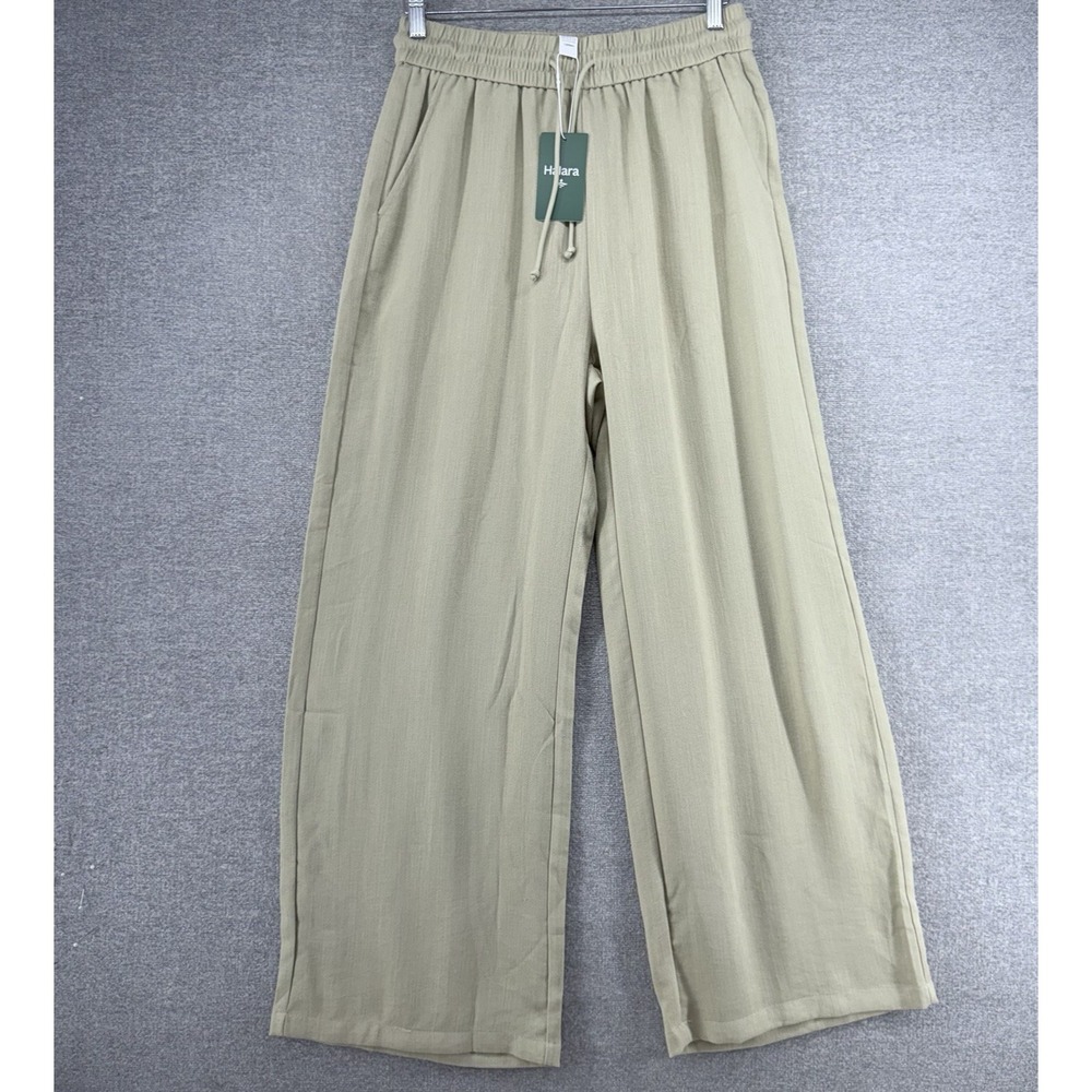 Halara Wide Leg Pants Women Size Medium Khaki Linen Feel Elastic Waist NEW